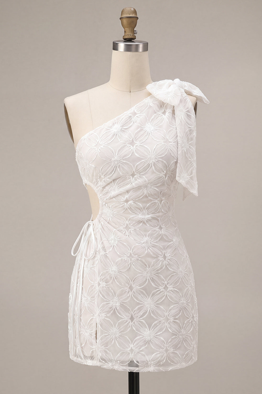 Floral White Ruched Tight Short Keyhole Graduation Dress with Bow