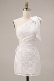 Floral White Ruched Tight Short Keyhole Graduation Dress with Bow