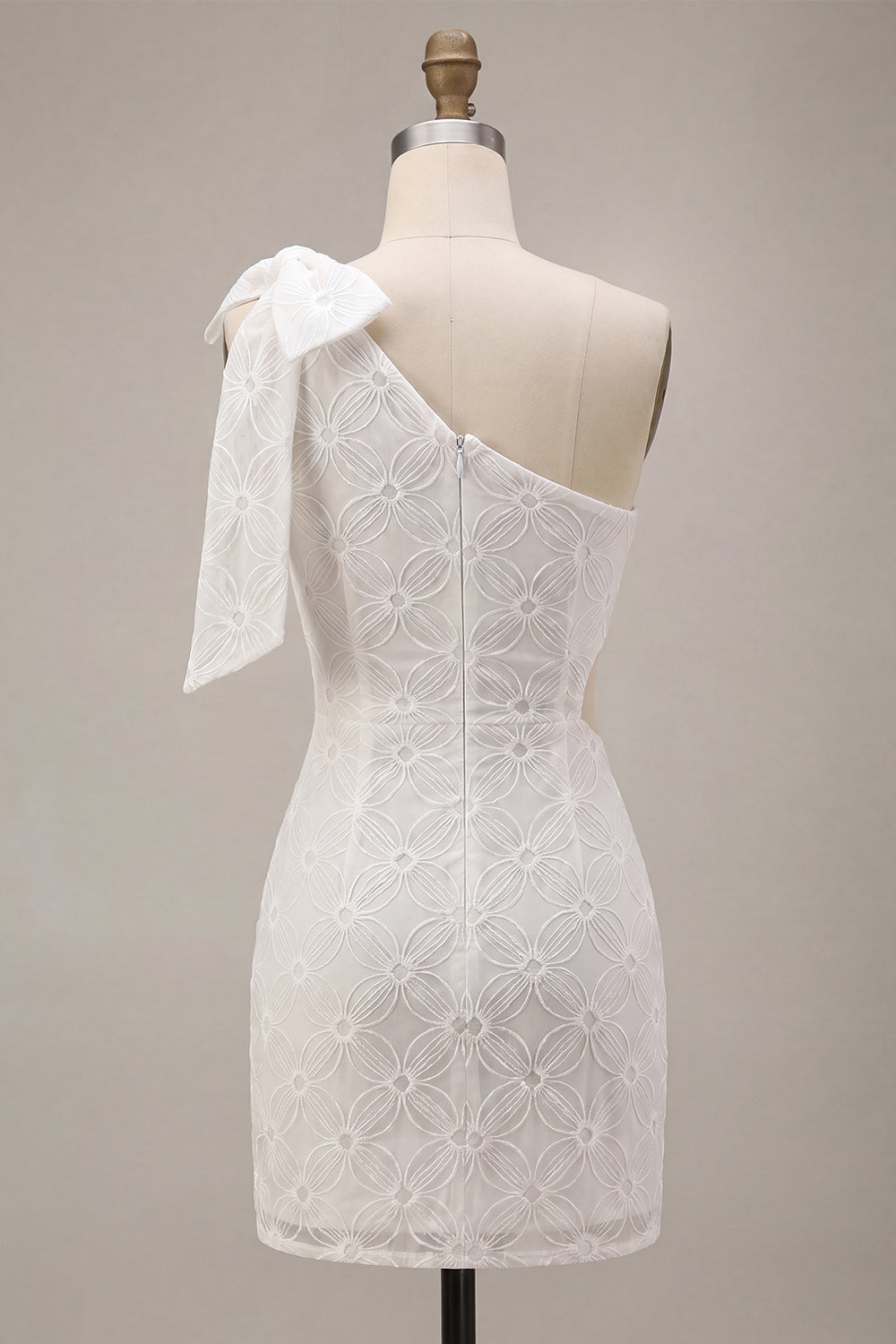 Floral White Ruched Tight Short Keyhole Graduation Dress with Bow