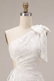 Floral White Ruched Tight Short Keyhole Graduation Dress with Bow