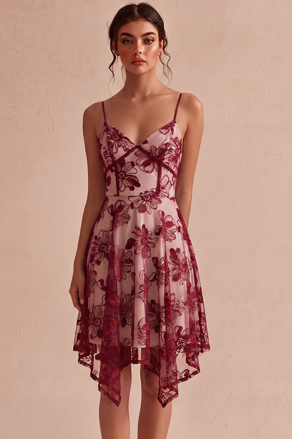 Floral Ivory A-Line Spaghetti Straps Short Graduation Dress