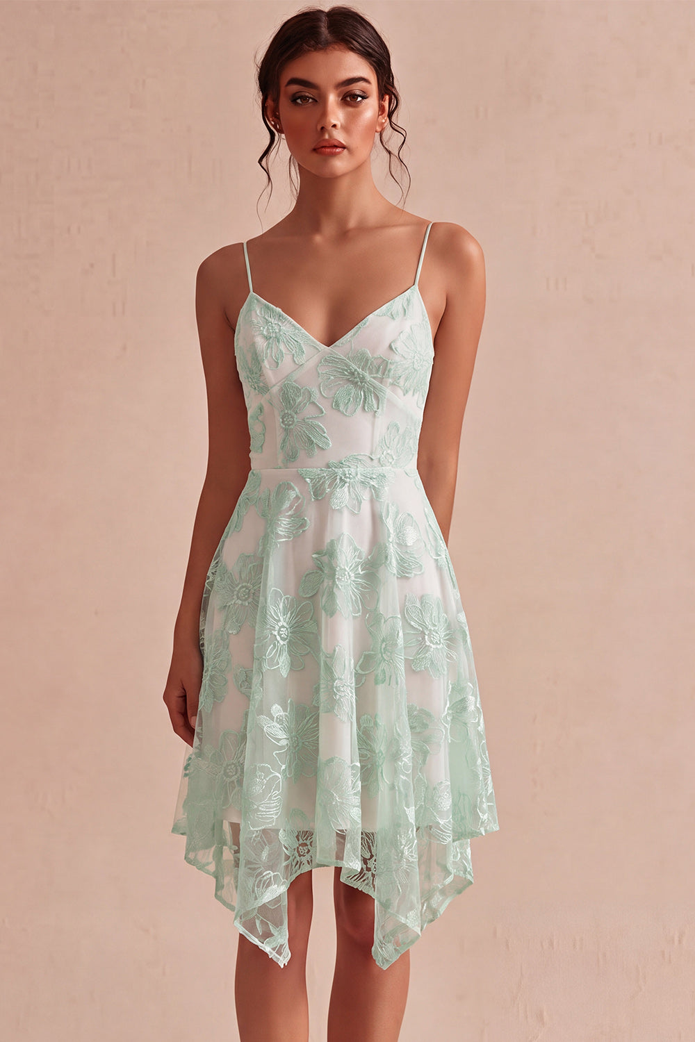 Floral Ivory A-Line Spaghetti Straps Short Graduation Dress