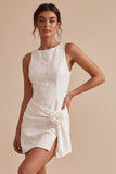 Floral White Jacquard Tight Short Graduation Dress with Slit