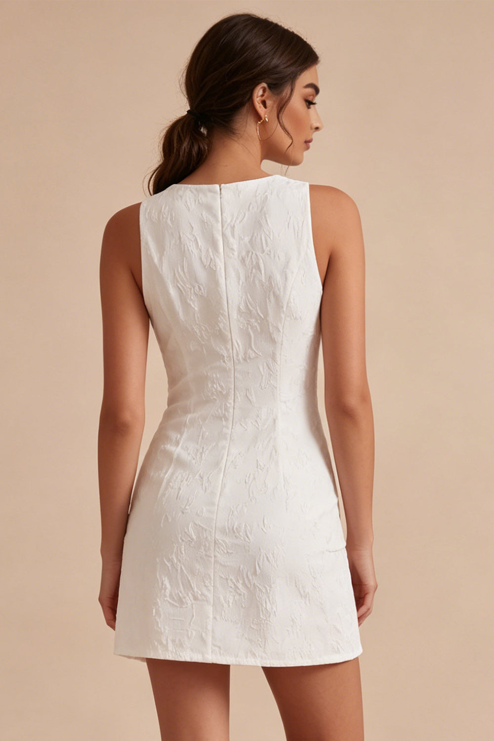 Floral White Jacquard Tight Short Graduation Dress with Slit