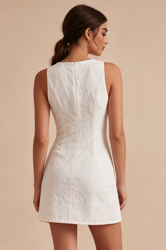 Floral White Jacquard Tight Short Graduation Dress with Slit