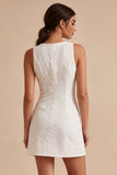 Floral White Jacquard Tight Short Graduation Dress with Slit