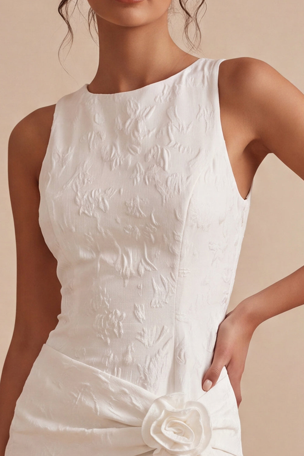 Floral White Jacquard Tight Short Graduation Dress with Slit