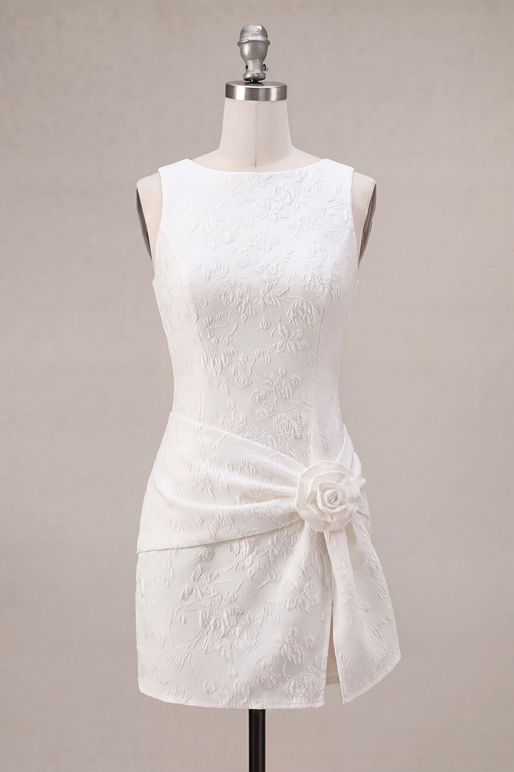 Floral White Jacquard Tight Short Graduation Dress with Slit