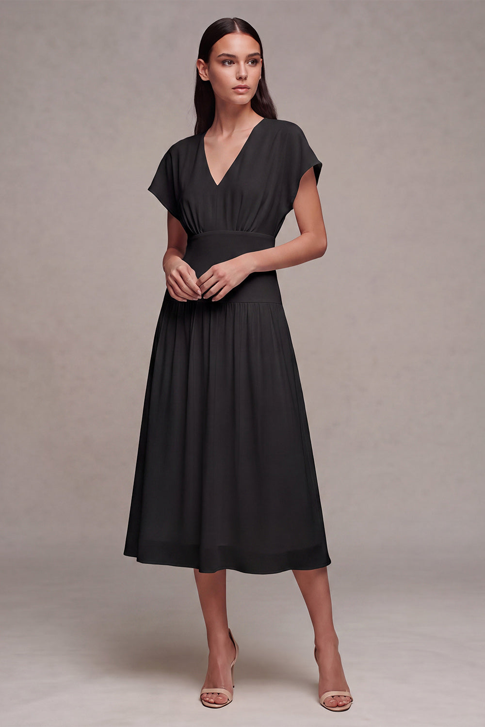Simple White Chiffon V-Neck A-Line Midi Graduation Dress with Sleeves