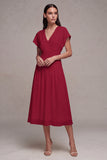 Simple White Chiffon V-Neck A-Line Midi Graduation Dress with Sleeves