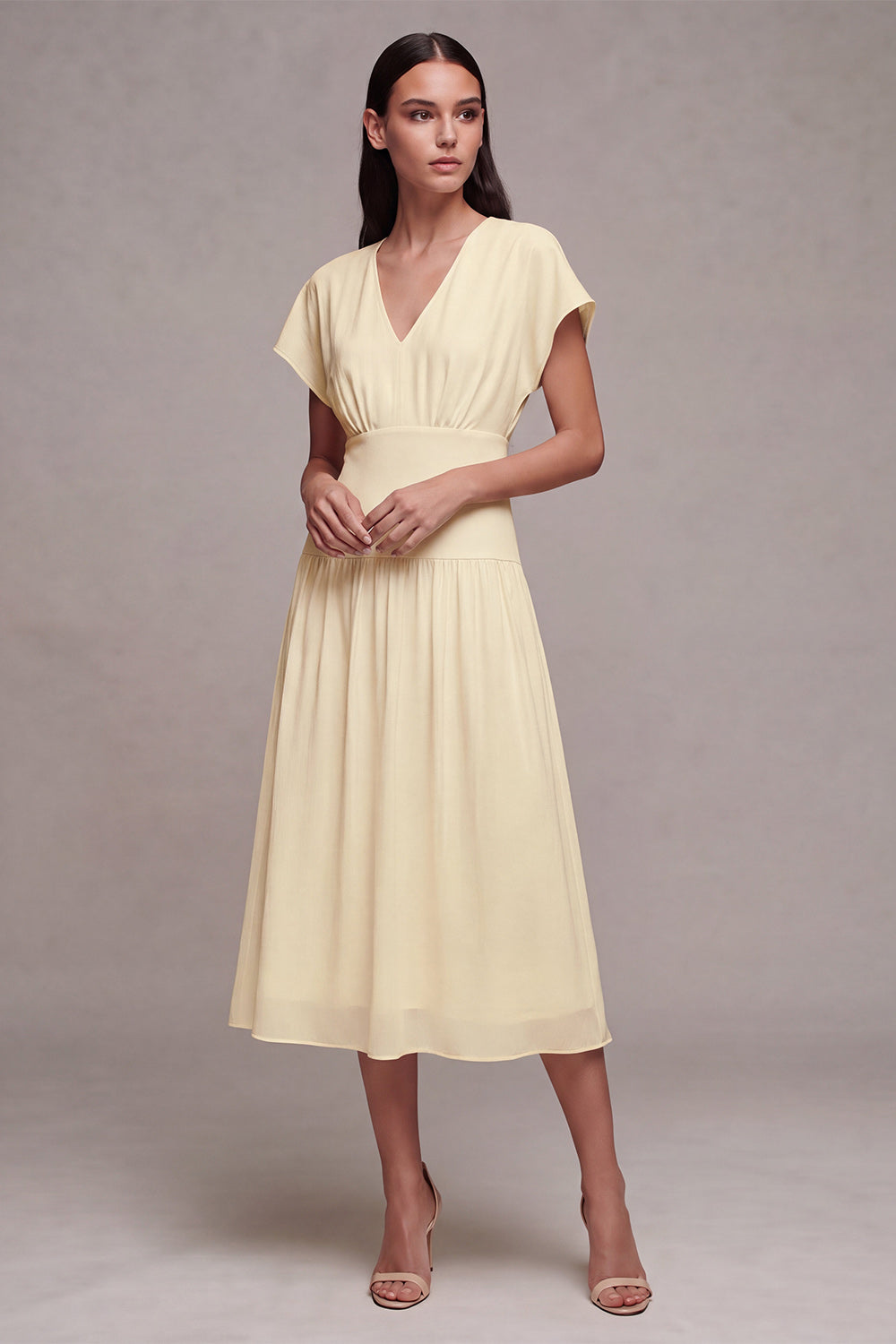 Simple White Chiffon V-Neck A-Line Midi Graduation Dress with Sleeves
