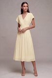 Simple White Chiffon V-Neck A-Line Midi Graduation Dress with Sleeves