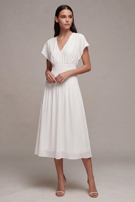 Simple White Chiffon V-Neck A-Line Midi Graduation Dress with Sleeves