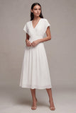 Simple White Chiffon V-Neck A-Line Midi Graduation Dress with Sleeves