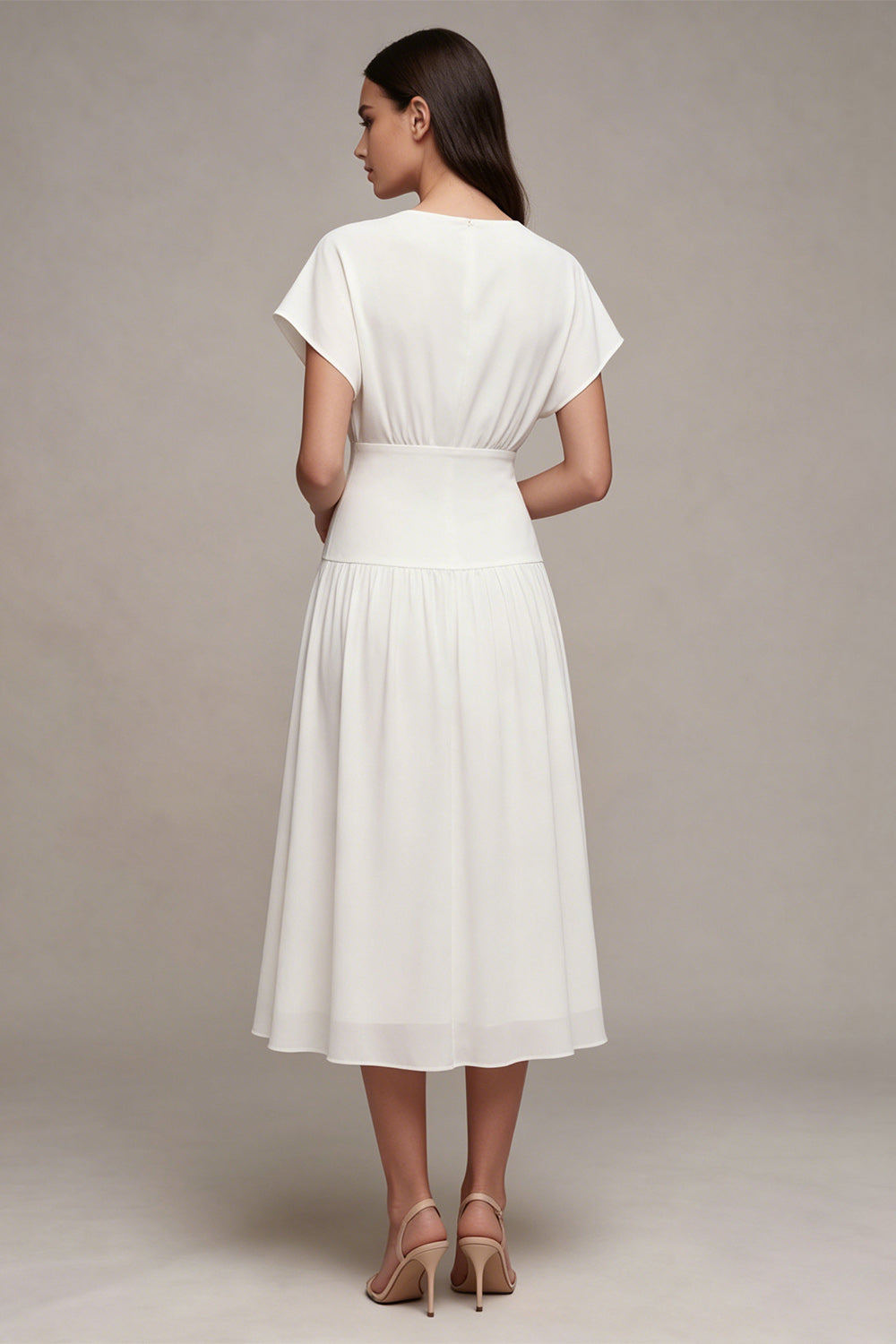 Simple White Chiffon V-Neck A-Line Midi Graduation Dress with Sleeves