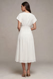 Simple White Chiffon V-Neck A-Line Midi Graduation Dress with Sleeves