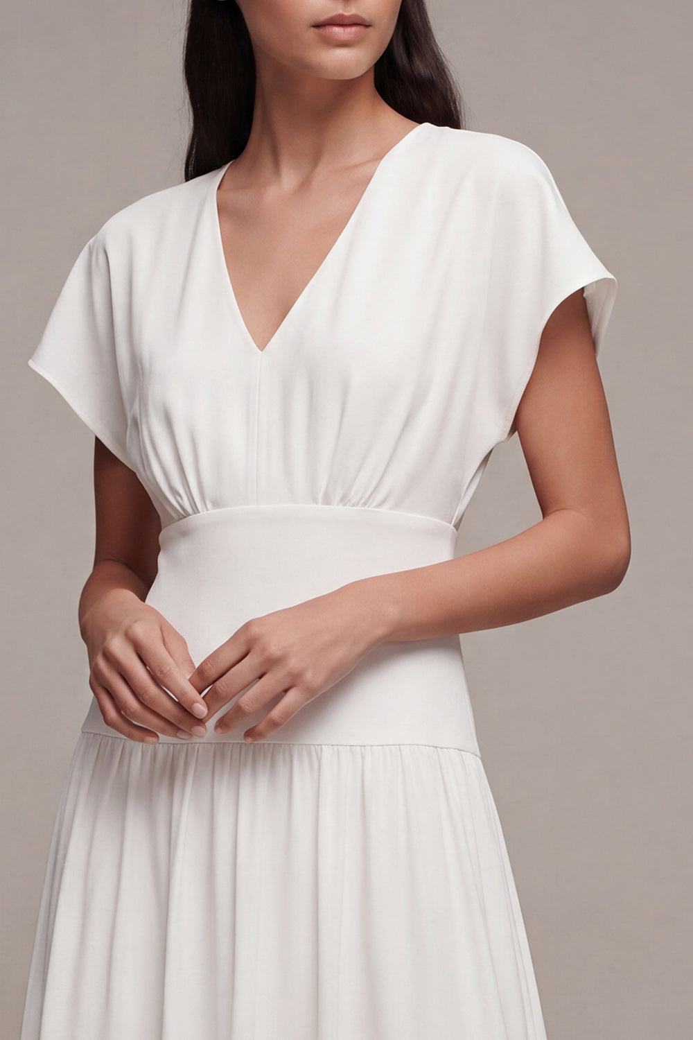 Simple White Chiffon V-Neck A-Line Midi Graduation Dress with Sleeves