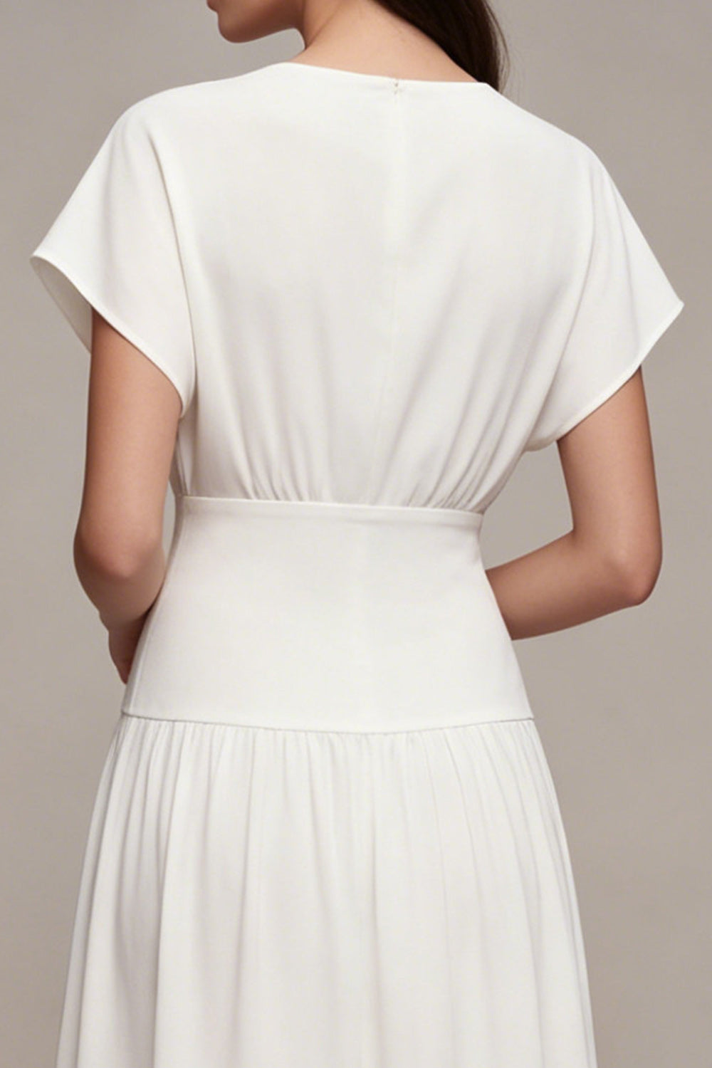 Simple White Chiffon V-Neck A-Line Midi Graduation Dress with Sleeves