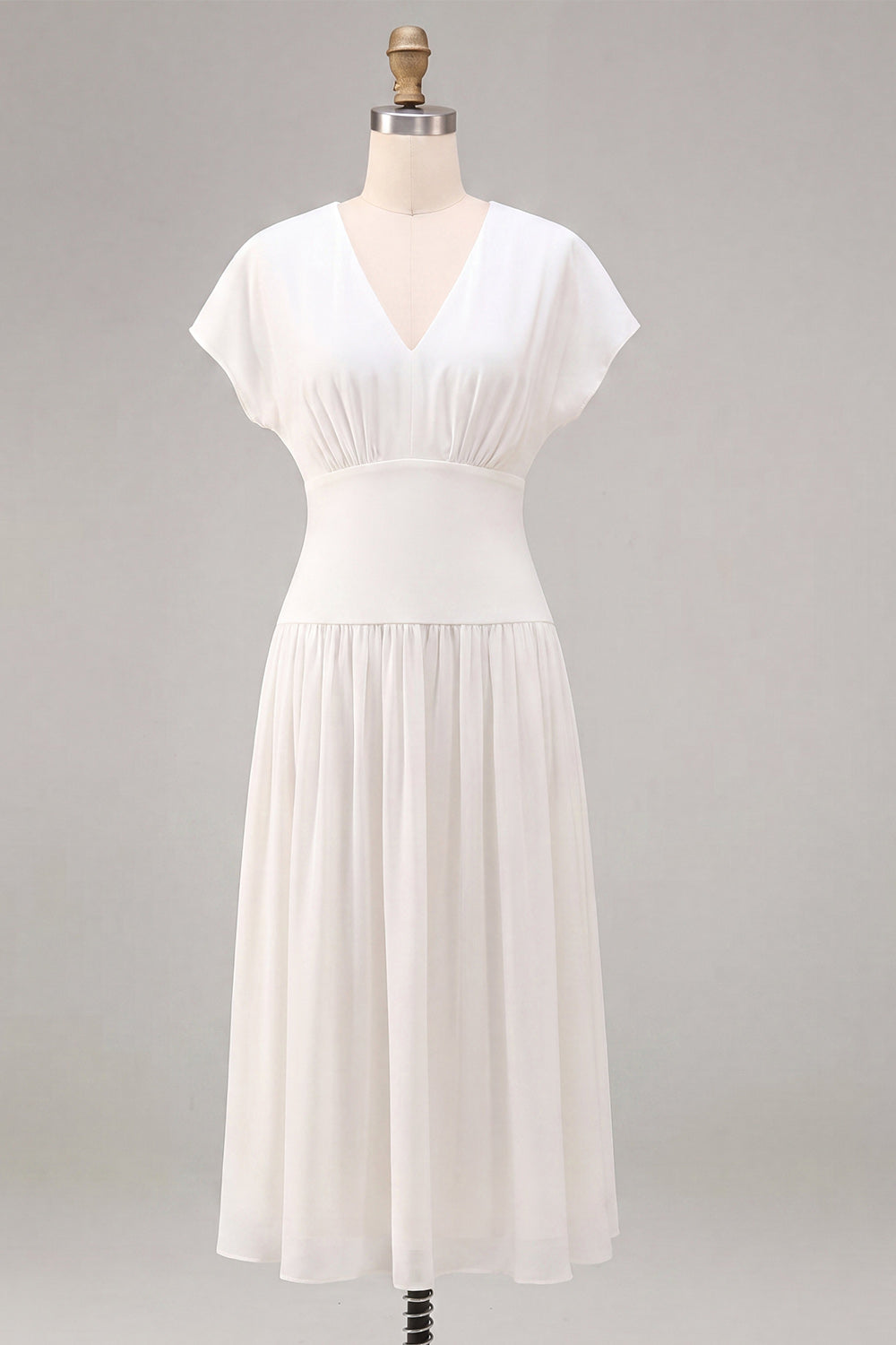 Simple White Chiffon V-Neck A-Line Midi Graduation Dress with Sleeves