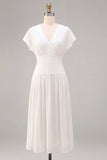 Simple White Chiffon V-Neck A-Line Midi Graduation Dress with Sleeves