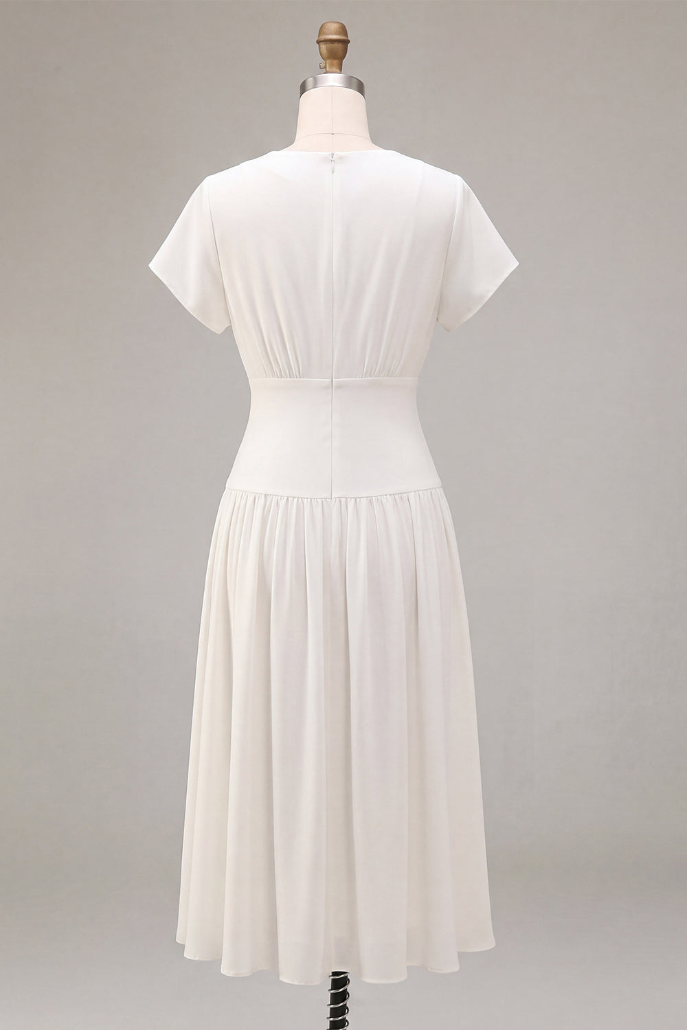 Simple White Chiffon V-Neck A-Line Midi Graduation Dress with Sleeves