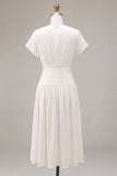 Simple White Chiffon V-Neck A-Line Midi Graduation Dress with Sleeves