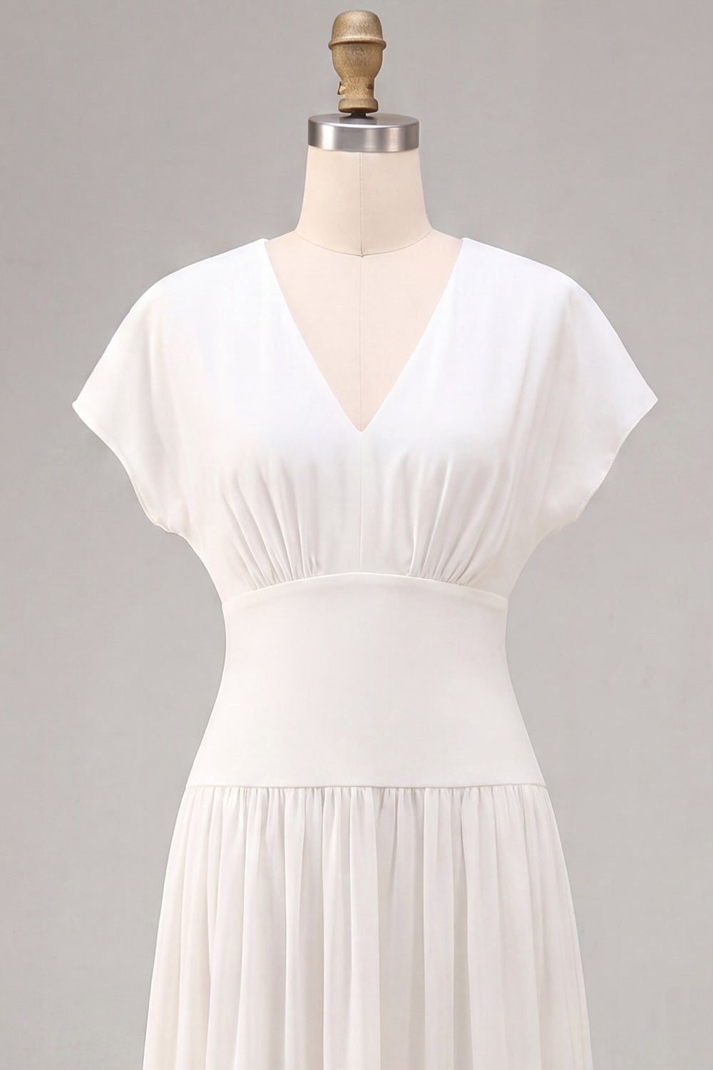 Simple White Chiffon V-Neck A-Line Midi Graduation Dress with Sleeves