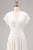 Simple White Chiffon V-Neck A-Line Midi Graduation Dress with Sleeves