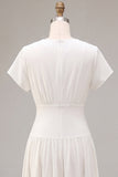 Simple White Chiffon V-Neck A-Line Midi Graduation Dress with Sleeves