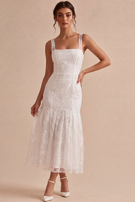 Floral White Ruched Thick Straps Long Graduation Dress