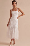 Floral White Ruched Thick Straps Long Graduation Dress