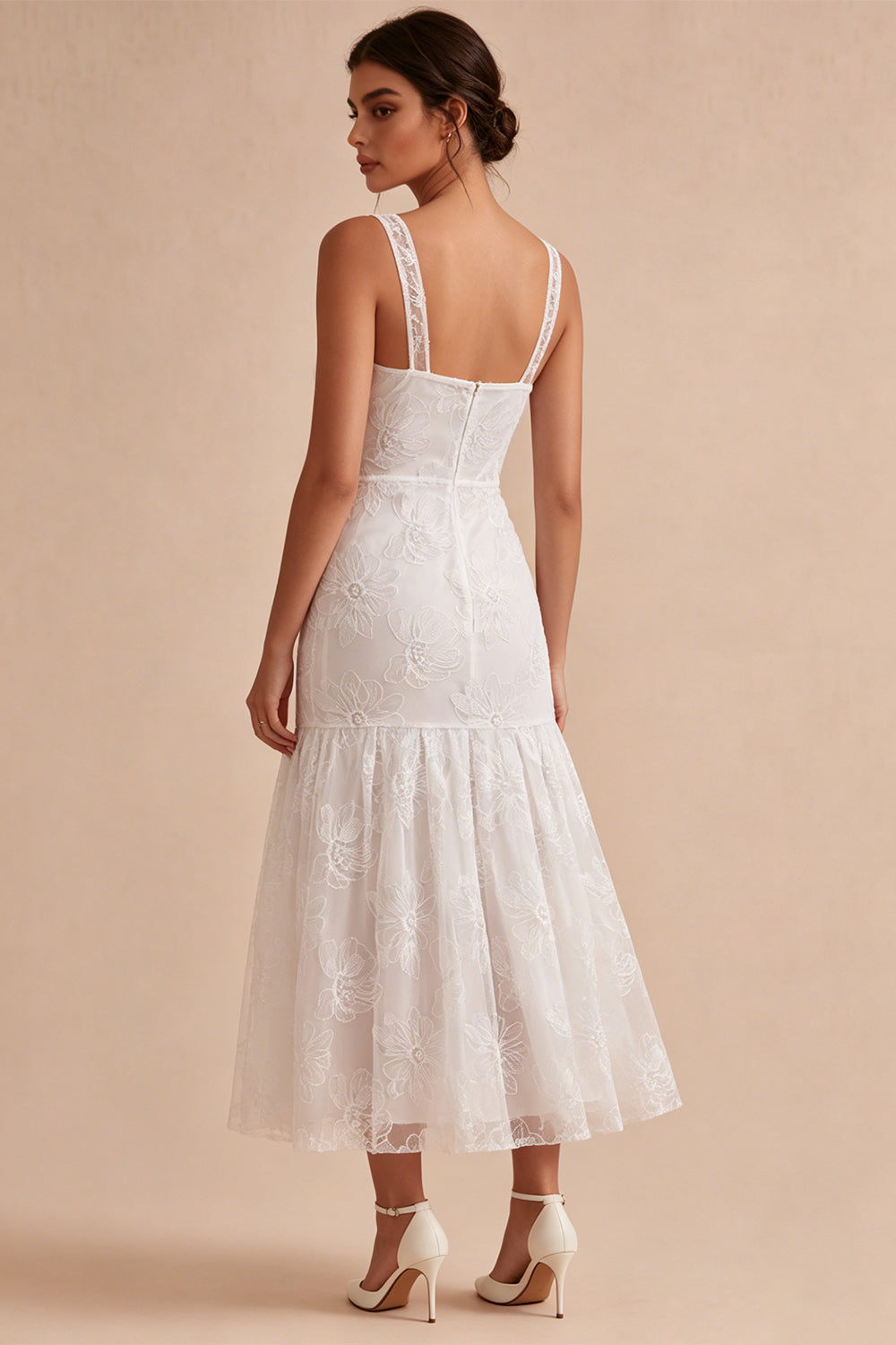 Floral White Ruched Thick Straps Long Graduation Dress