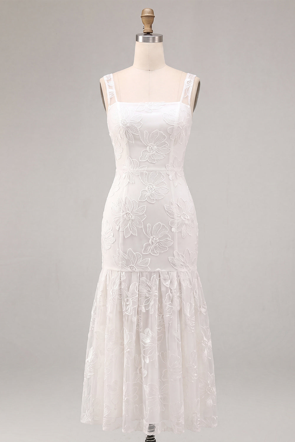 Floral White Ruched Thick Straps Long Graduation Dress