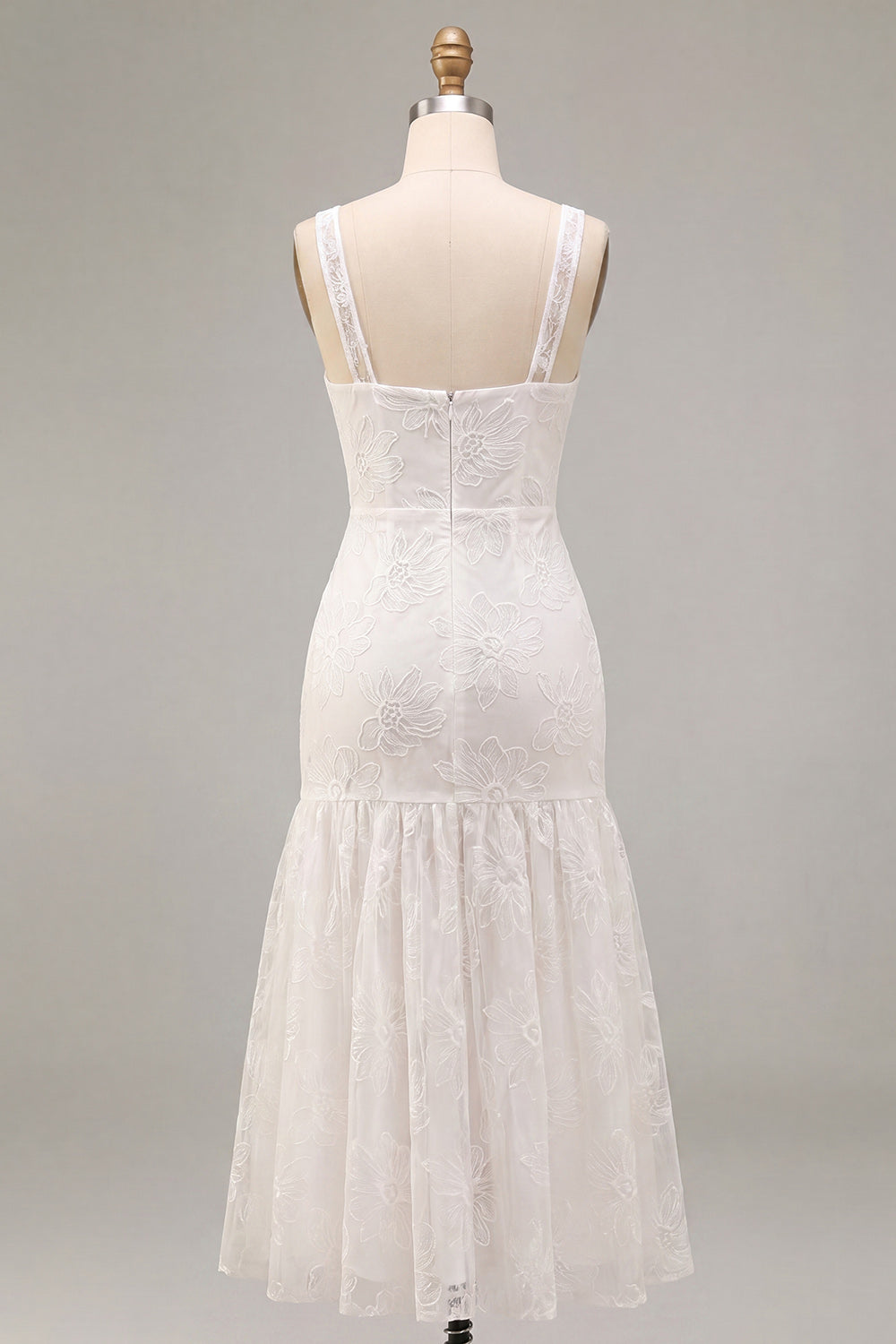 Floral White Ruched Thick Straps Long Graduation Dress