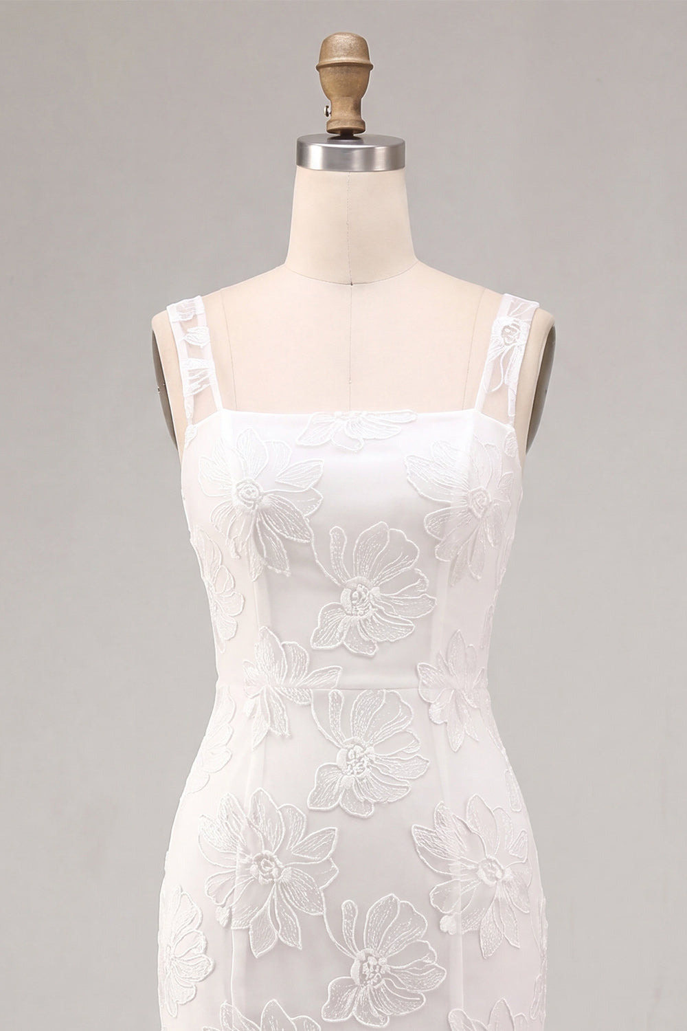 Floral White Ruched Thick Straps Long Graduation Dress