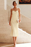 White Ruched Pencil Spaghetti Straps Midi Graduation Dress