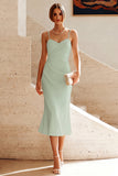 White Ruched Pencil Spaghetti Straps Midi Graduation Dress