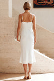 White Ruched Pencil Spaghetti Straps Midi Graduation Dress