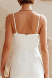 White Ruched Pencil Spaghetti Straps Midi Graduation Dress