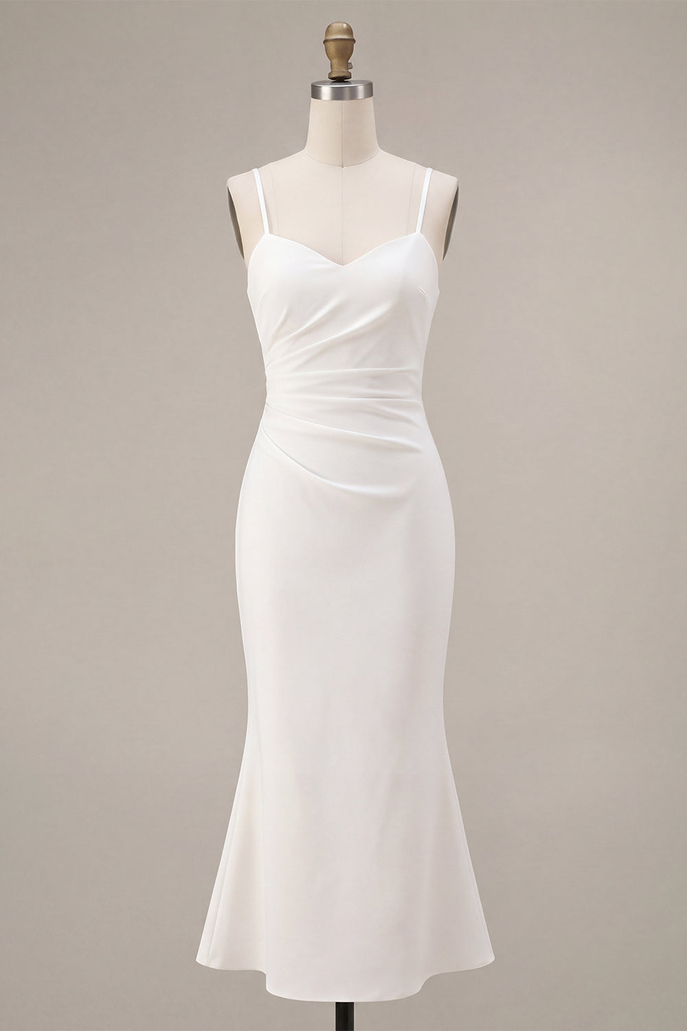 White Ruched Pencil Spaghetti Straps Midi Graduation Dress