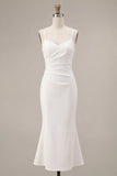 White Ruched Pencil Spaghetti Straps Midi Graduation Dress
