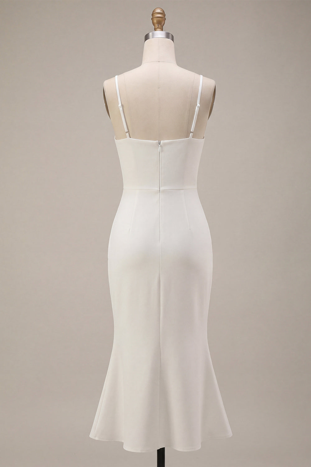 White Ruched Pencil Spaghetti Straps Midi Graduation Dress