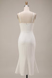 White Ruched Pencil Spaghetti Straps Midi Graduation Dress