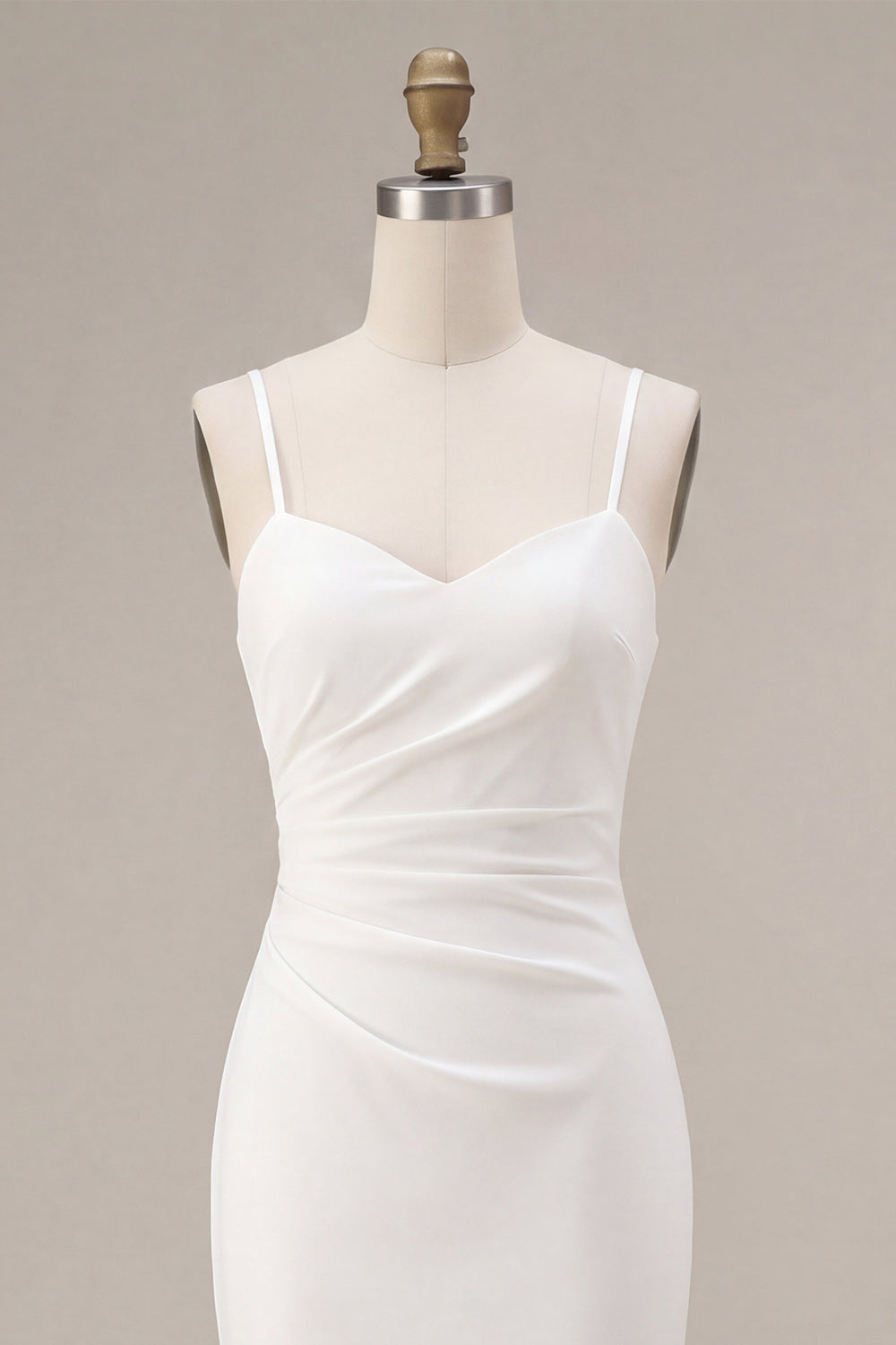 White Ruched Pencil Spaghetti Straps Midi Graduation Dress