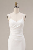 White Ruched Pencil Spaghetti Straps Midi Graduation Dress
