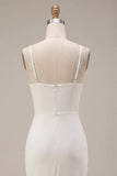 White Ruched Pencil Spaghetti Straps Midi Graduation Dress