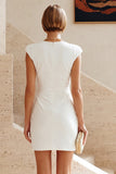 White Satin Ruched Tight Short Graduation Dress with Sleeves
