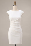 White Satin Ruched Tight Short Graduation Dress with Sleeves