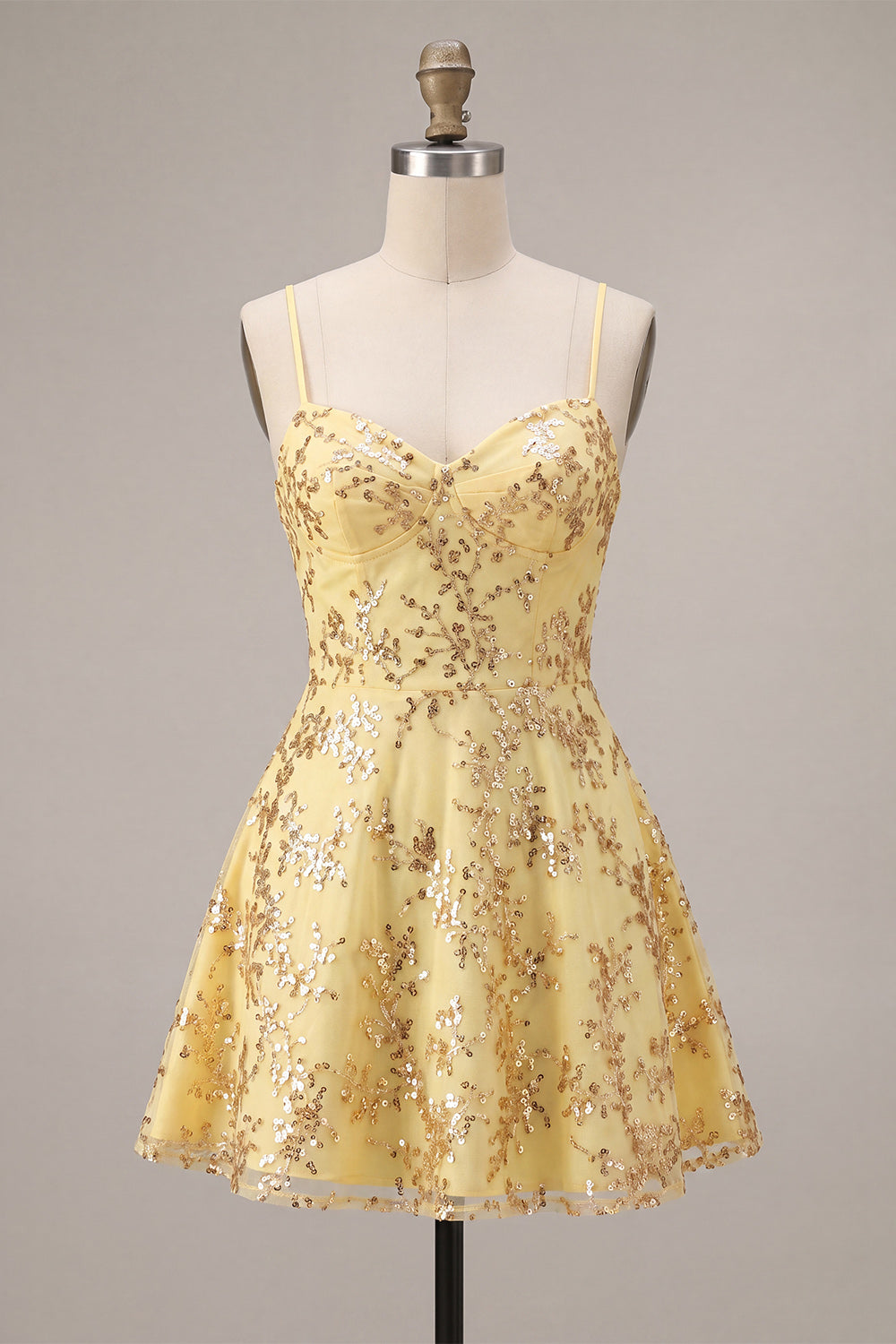 Sparkly Yellow Sequin Spaghetti Straps A-Line Short Homecoming Dress