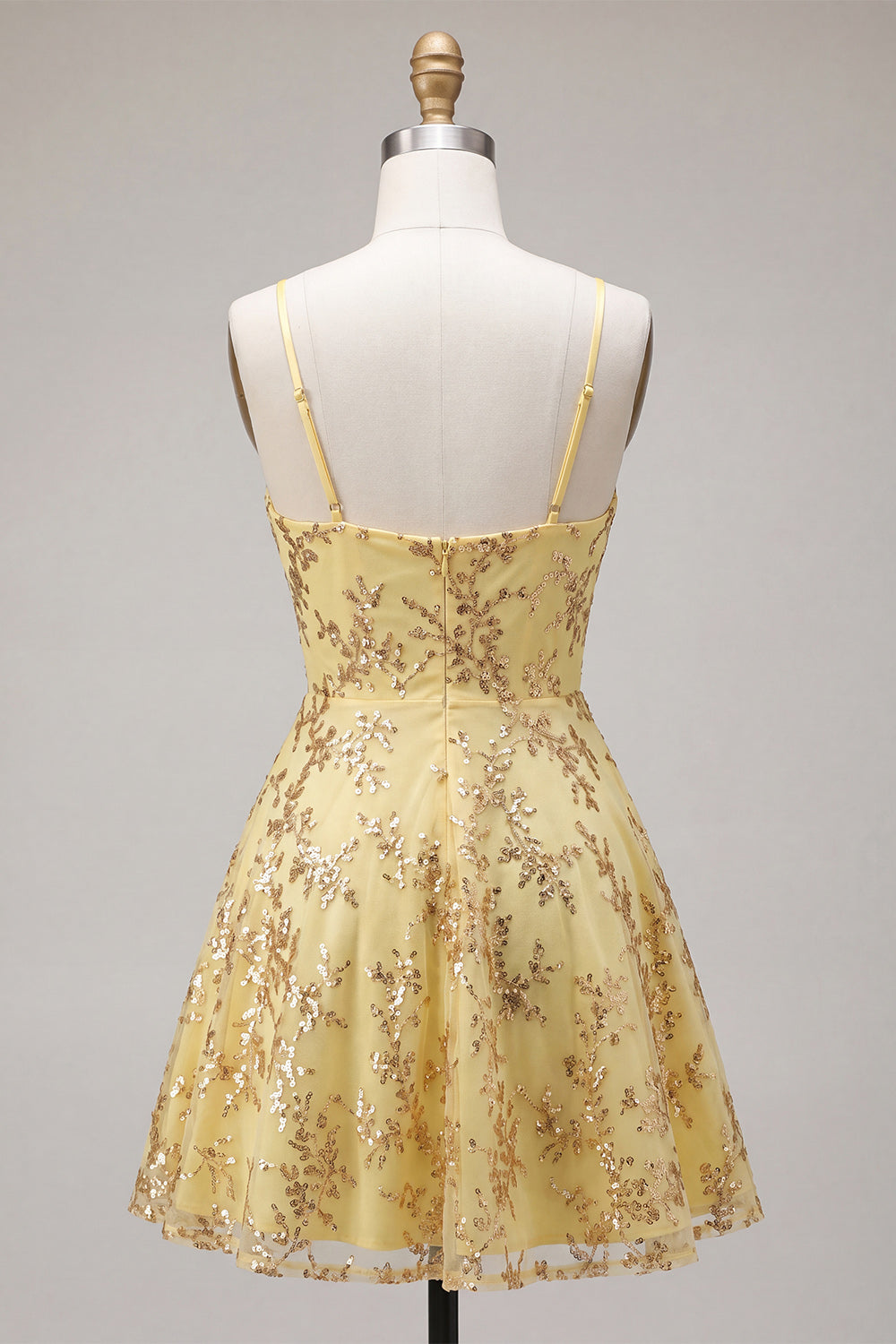 Sparkly Yellow Sequin Spaghetti Straps A-Line Short Homecoming Dress